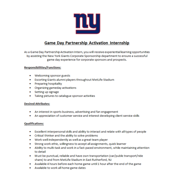 20242025 Internship Opportunity The New York Giants The City